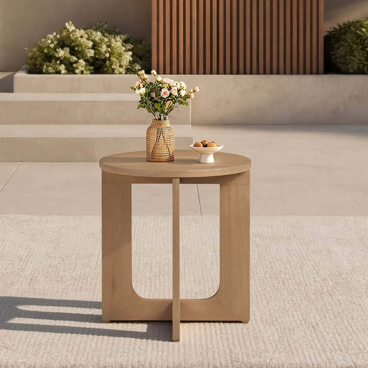 ReNest Outdoor Round Side Table, Patio Accent Table and End Table with Cross Base