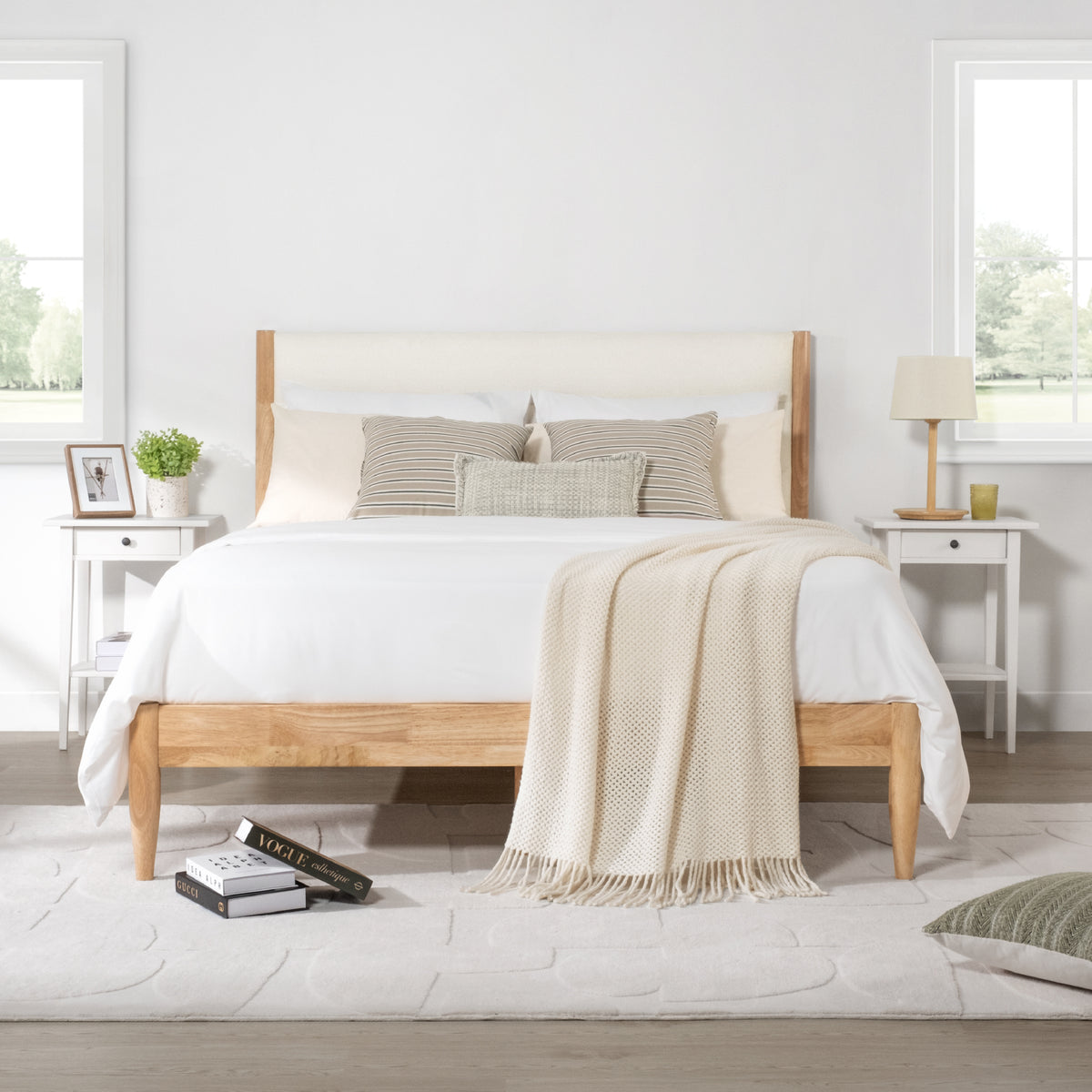 CHITA Full Size Upholstered Platform Bed Frame with Headboard, Boucle Fabric Style, No Box Spring Needed, Cream & Natural