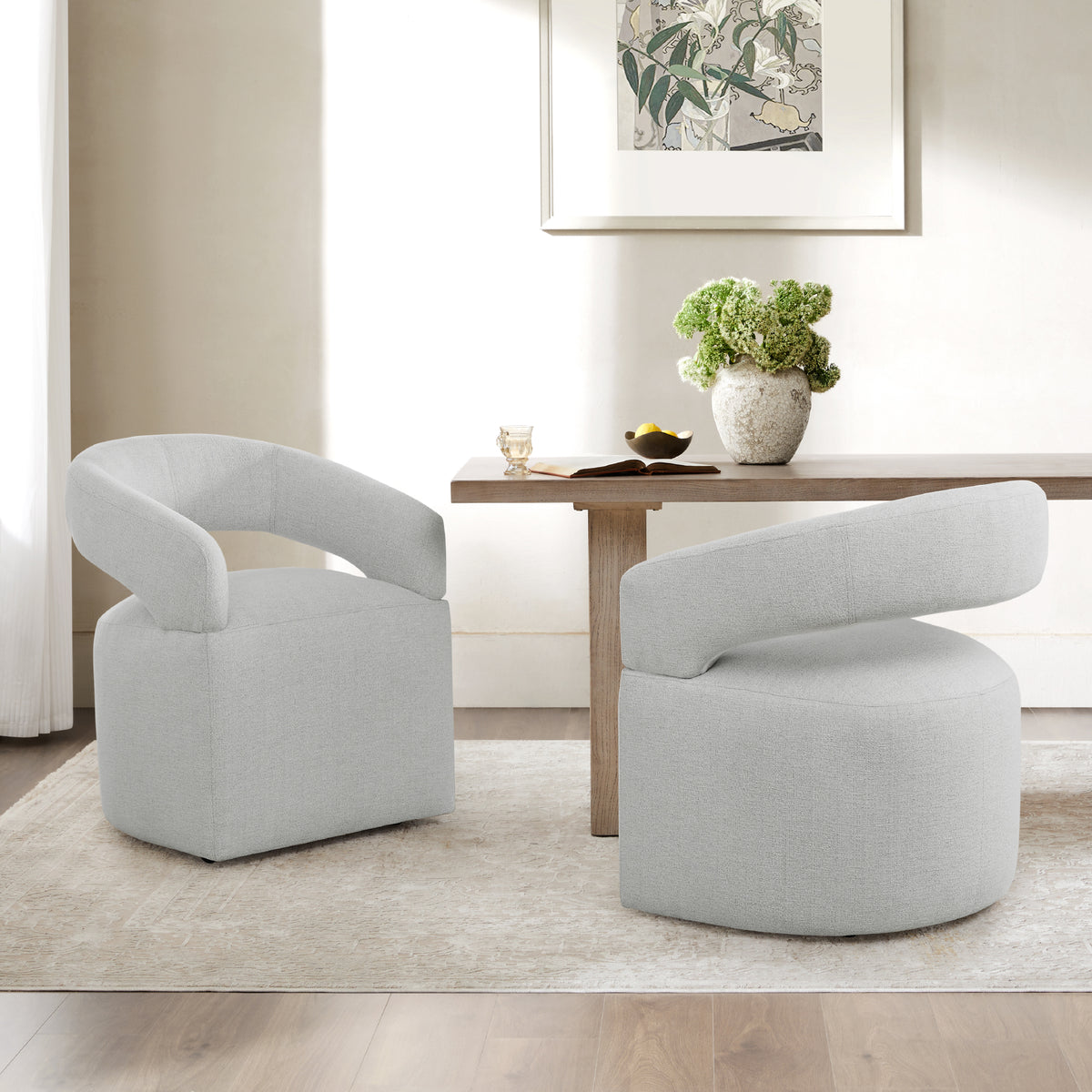 CHITA Modern Mobile Dining Chair with Casters & Open Back, Light Gray Fabric