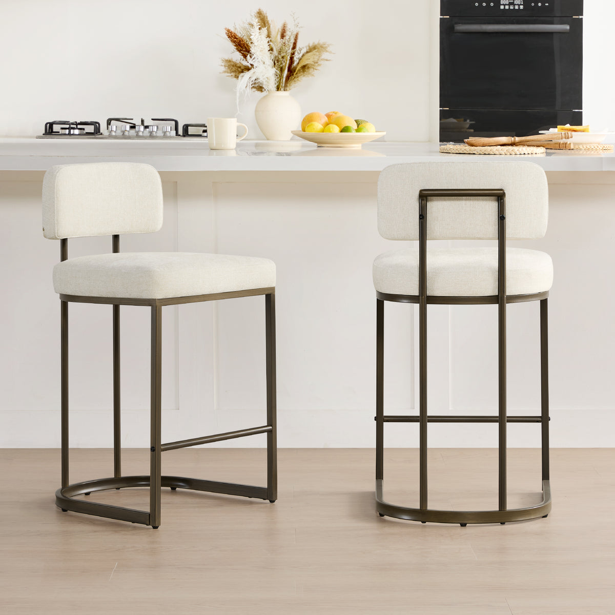 26 inch Counter Height Bar Stool Set with Brass Frame Set of 3, Fabric in Moss Green