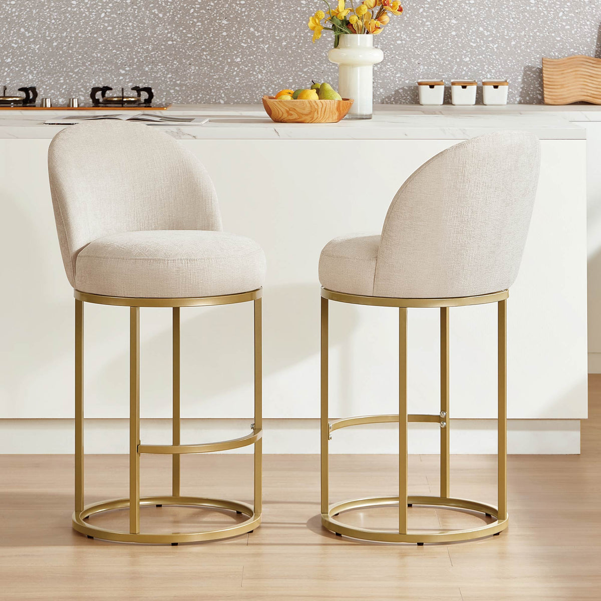 ReNest 27" Swivel Bar Stools Set of 2, Upholstered Counter Height Stools with Footrest & Gold Metal Base, for Kitchen Island & Home Bar, Sand Fabric