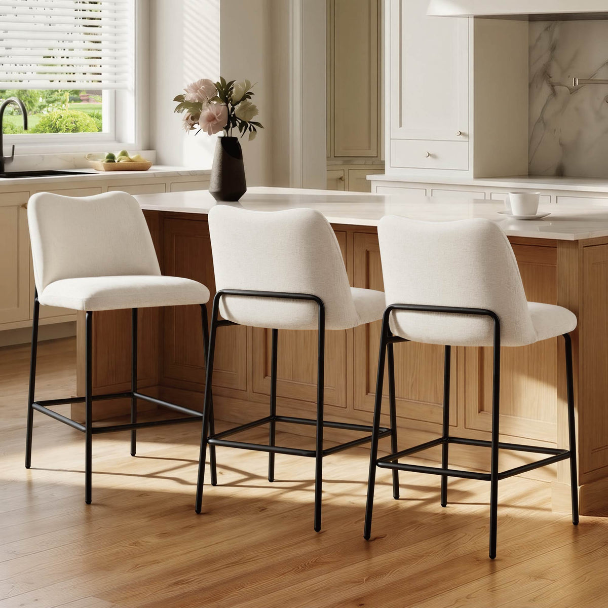 ReNest 26" Upholstered Bar Stools Set of 3, Counter Height Stools with Back & Metal Frame, for Kitchen Island & Breakfast Bar, Cream Fabric