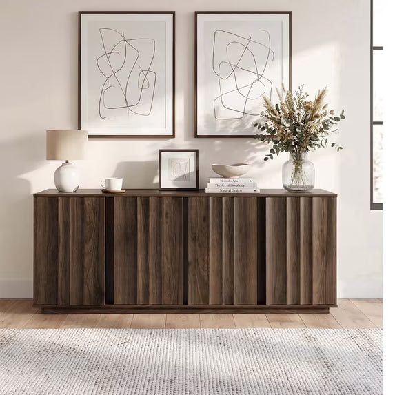 ReNest Mid-Century Modern Sideboard Buffet Cabinet with 4 Doors, Adjustable Shelves, Soft-Close Hinges, Waterproof Top, for Dining Room, Walnut
