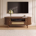 Spruce & Spring 47.2" Mid-Century Modern Rattan Coffee Table with Sliding Doors and Open Storage, Oval Center Table with Rattan Drawer, Solid Wood Legs for Living Room, Walnut