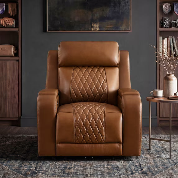 ReNest Genuine Leather Power Recliner Chair, Heated & Ventilated Home Theater Seating for Living Room with Power Headrest, USB Type-C Charging and Cup Holders, Saddle