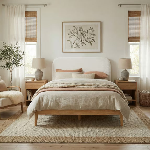 Spruce & Spring Mid-Century Modern Upholstered Platform Bed with USB Charging, Boucle Headboard, No Box Spring Needed, Full Size Bed Frame, Cream