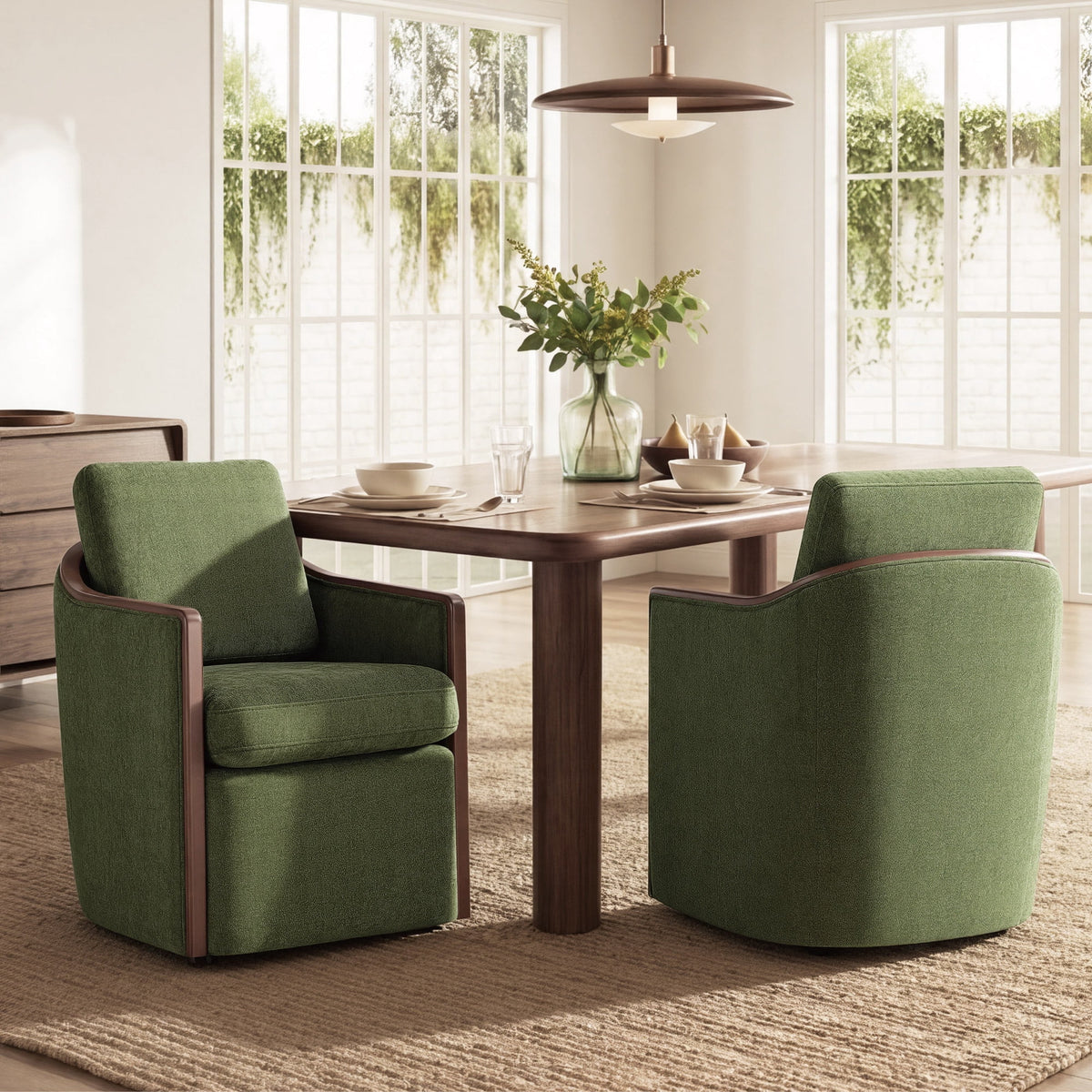 ReNest Upholstered Barrel Dining Chairs Set of 2, Smooth Swivel with Hidden Casters, Curved Backrest and Solid Wood Trim, Chenille Fabric, Moss Green