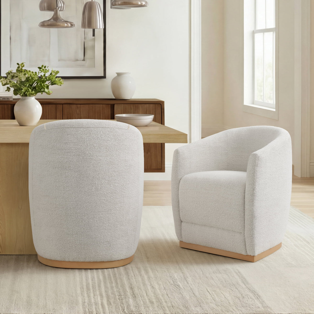ReNest Rolling Dining Chairs Set of 2 with Arms, Upholstered Barrel Back, 360° Casters, Pearl Fabric