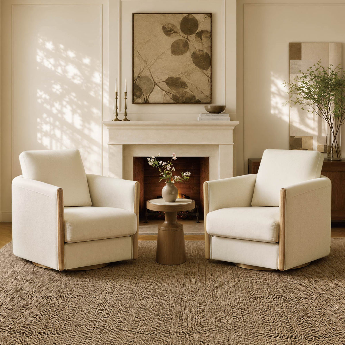 ReNest Modern Swivel Accent Chair, Upholstered Barrel Armchair with Wooden Armrests, Removable Cushions, Living Room & Bedroom Chair, Cream Fabric