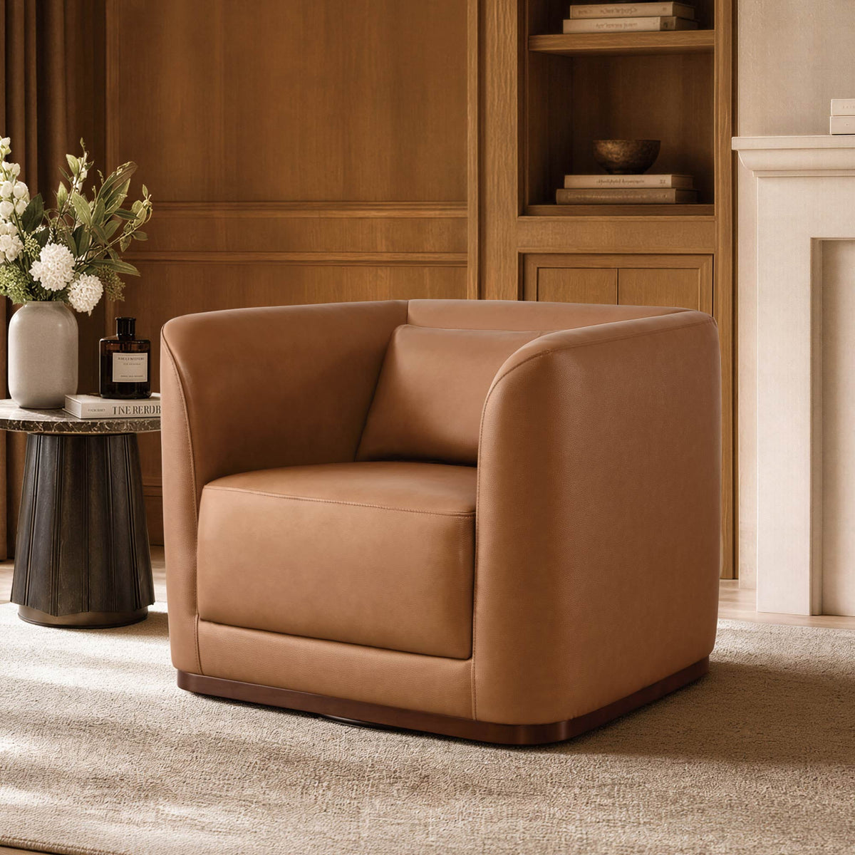 ReNest Mid-Century Modern Swivel Accent Chair, Barrel Armchair with Curved Arms, Genuine Top-Grain Leather Upholstery, Removable Back Cushion, Living Room Chair, Saddle, Single