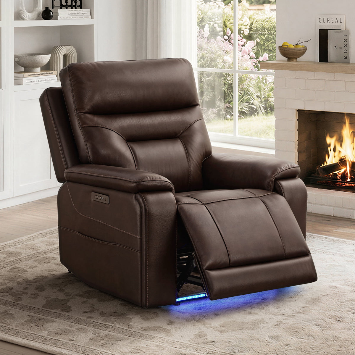 ReNest Power Recliner Chair, Electric Genuine Leather Recliner with Power Headrest, Dual Motor, Lay Flat, USB Type-C Charging, Cup Holders, Brown, Single