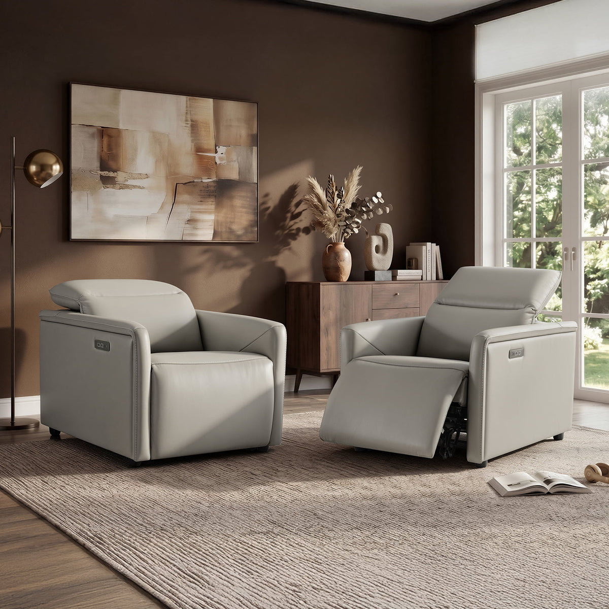 ReNest Top-Grain Leather Power Recliner, Dual Motor, Power Headrest, USB & Type-C Charging, Zero Wall, Light Gray