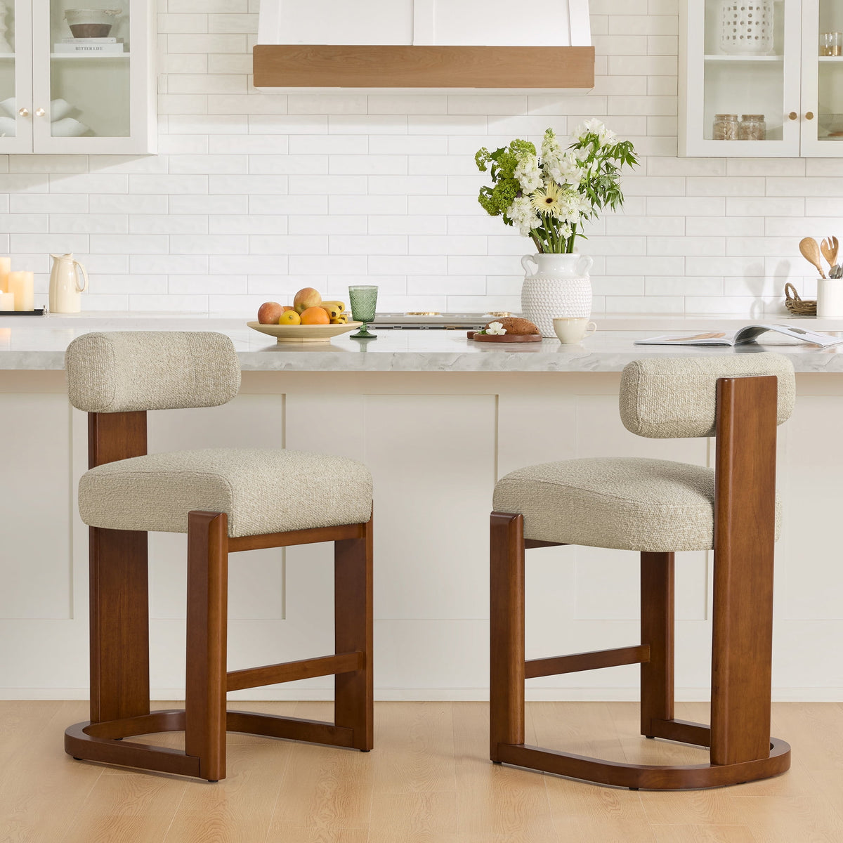 ReNest 27'' Counter Stools Set of 2 with Backrest, Mid-Century Modern Boucle Counter Height Stools, Upholstered Seat & Back, Solid Wood Frame, Walnut & Oatmeal