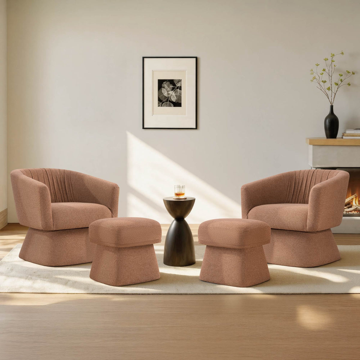 Modern Swivel Accent Chairs with Ottoman, Boucle Upholstered Barrel Armchairs, 360° Swivel Chair for Living Room, Bedroom & Office, Terracotta, 2 Chairs & 2 Ottomans