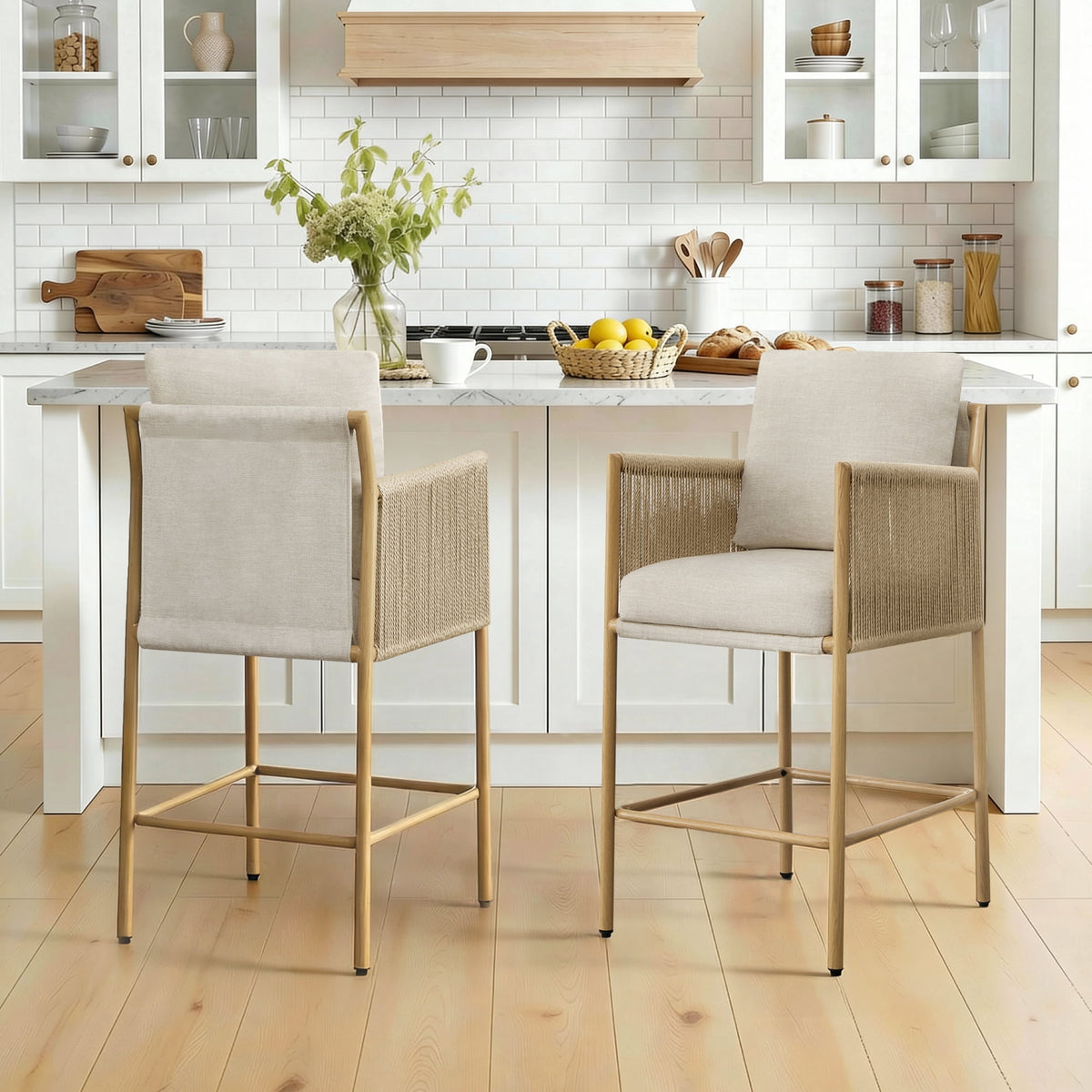 ReNest 26'' BOHO Counter Stools Set of 2 with Back & Armrest, Counter Height Bar Stools, Handwoven Paper Cord, Linen Fabric