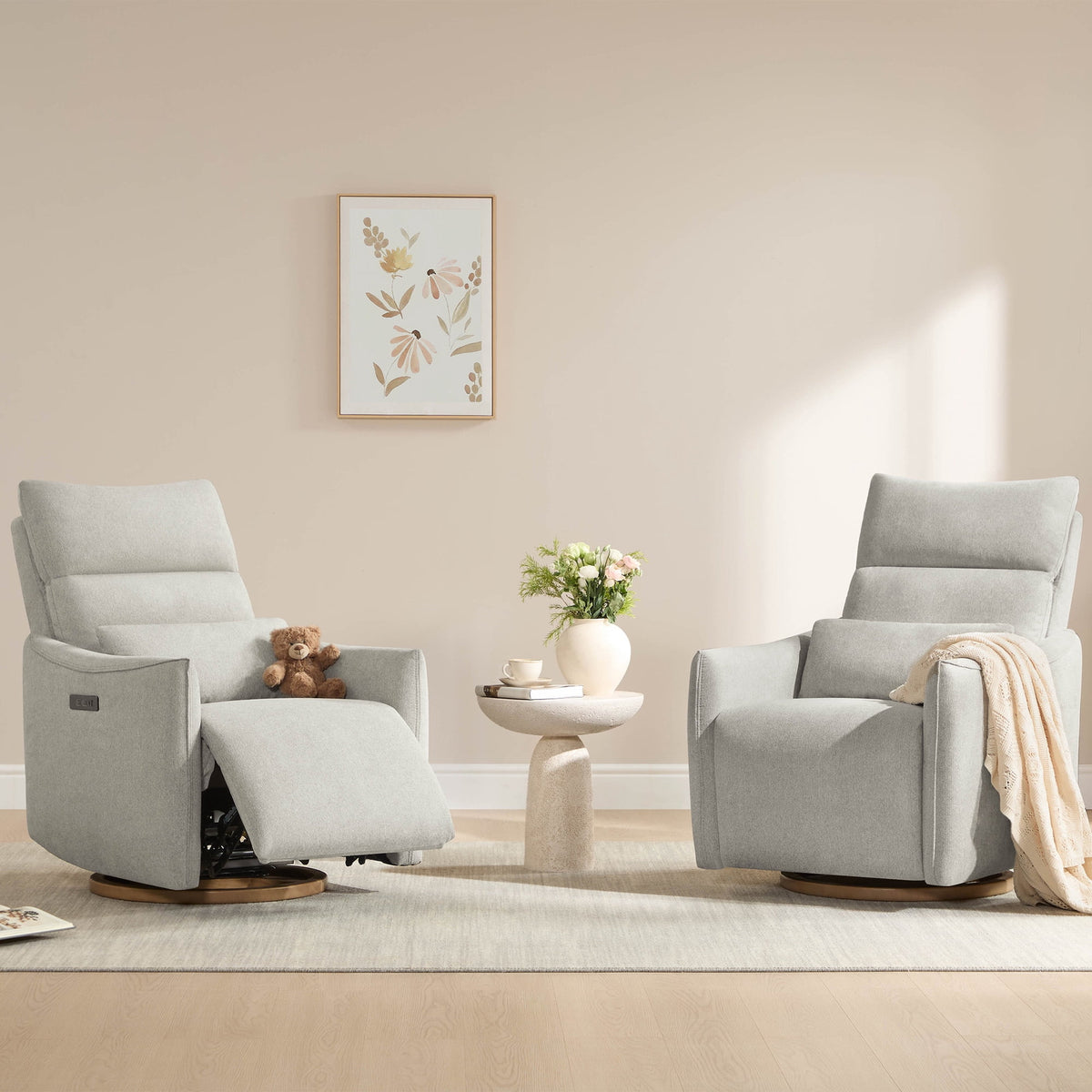 ReNest Swivel Power Recliner Chair, Nursery Glider Recliner with Power Headrest, USB & Type-C Charging Ports, Removable Lumbar Pillow, Crockery Fabric