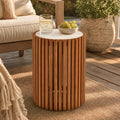 ReNest Outdoor Acacia Wood Side Table, Modern Slatted Patio Table with Cement Board Top, Single