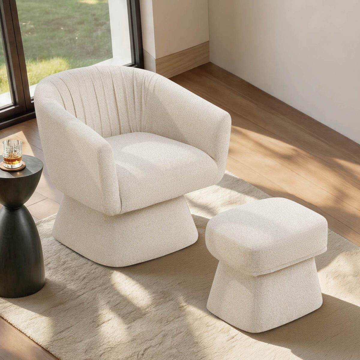 Modern Swivel Accent Chair with Ottoman, Boucle Upholstered Barrel Armchair, 360° Swivel Chair for Living Room, Bedroom & Office, Sand, Single Set