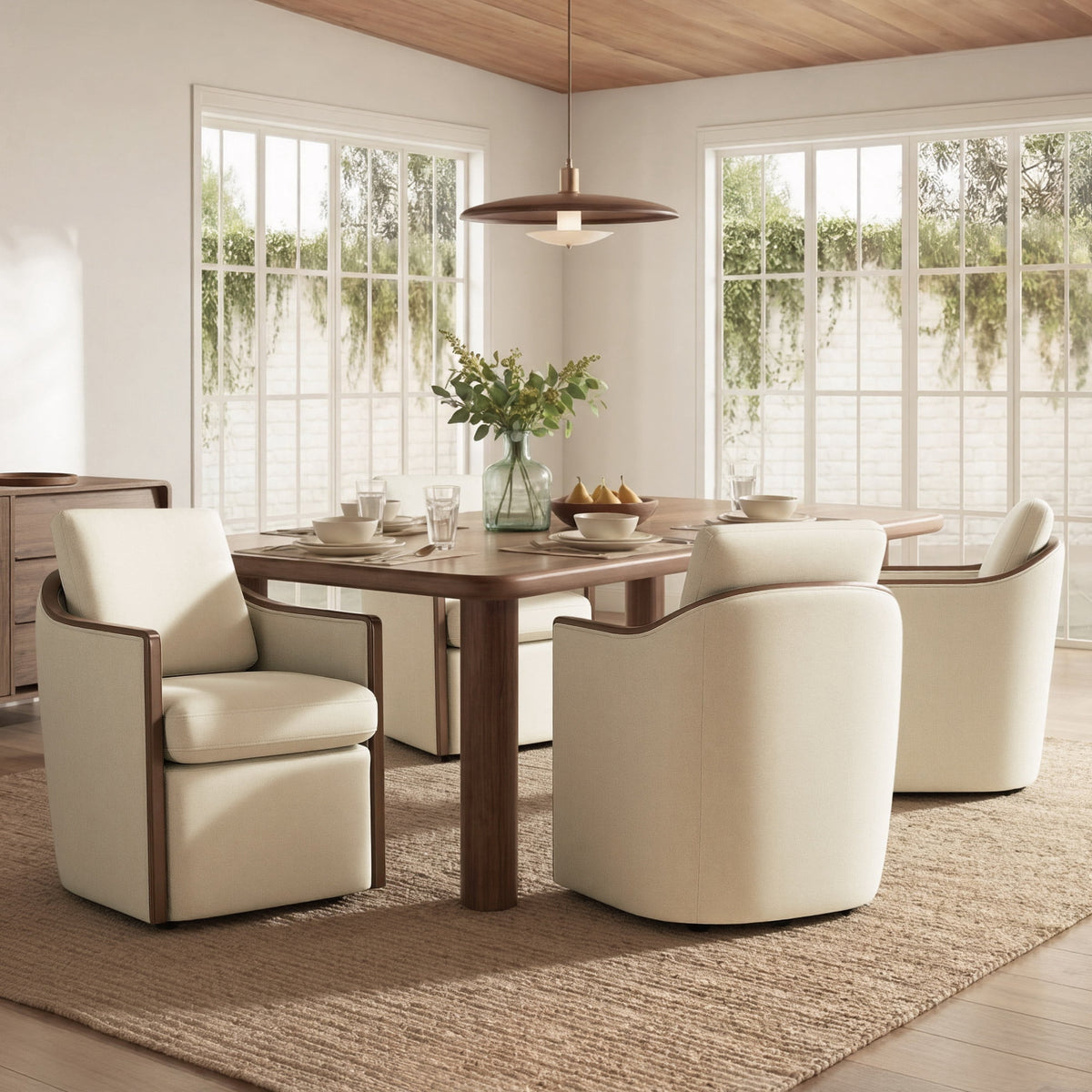 ReNest Upholstered Barrel Dining Chairs Set of 4, Smooth Swivel with Hidden Casters, Curved Backrest and Solid Wood Trim, Chenille Fabric, Cream