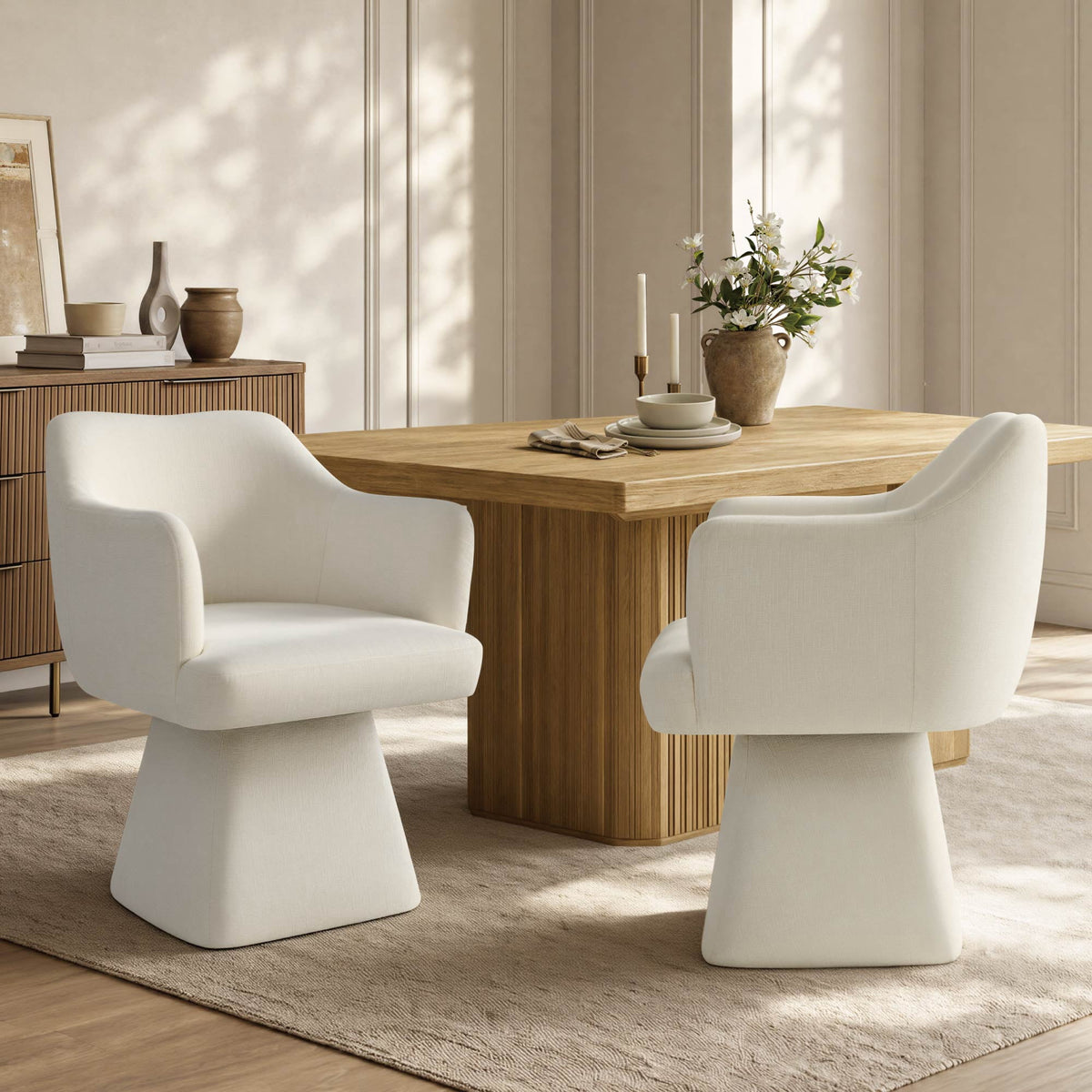 ReNest Swivel Dining Chairs with Arms, Curved Backrest, Upholstered Chenille, Cream