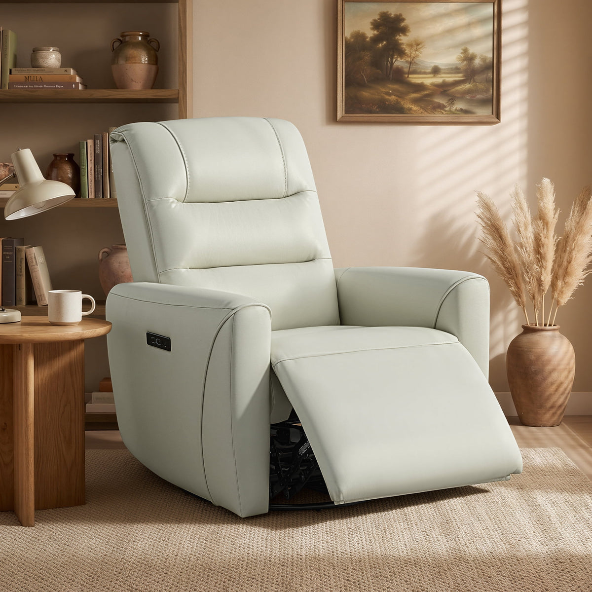 ReNest Swivel Power Recliner Chair, Genuine Leather Recliner with Dual Motors, USB & Type-C Charging Port, Power Headrest, Cream