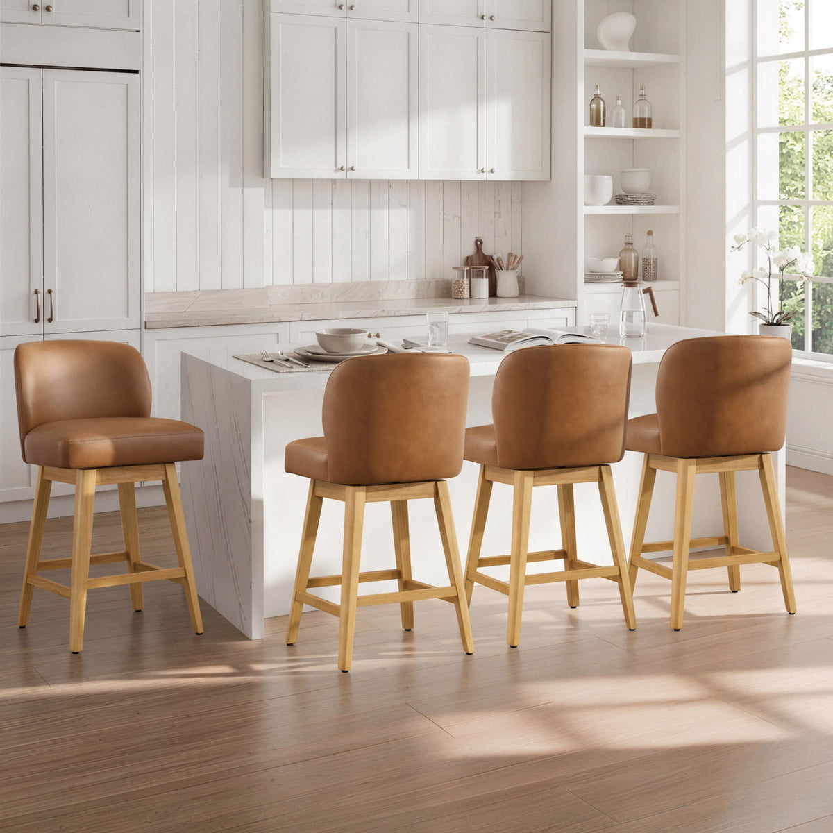 ReNest 26" Swivel Counter Height Bar Stools, Modern Upholstered Counter Stools with Back and Wood Legs for Kitchen Island & Home Bar, Saddle Brown Faux Leather, Set of 4