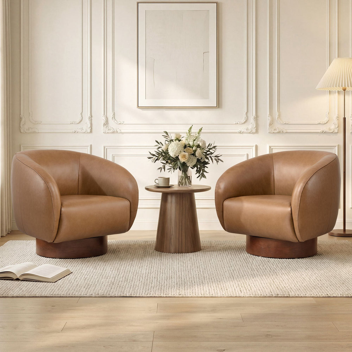 ReNest Mid-Century Modern Barrel Swivel Accent Chair with Wood Base, Genuine Leather Upholstery, Saddle, Set of 2