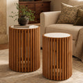 ReNest Outdoor Acacia Wood Side Table, Modern Slatted Patio Table with Cement Board Top