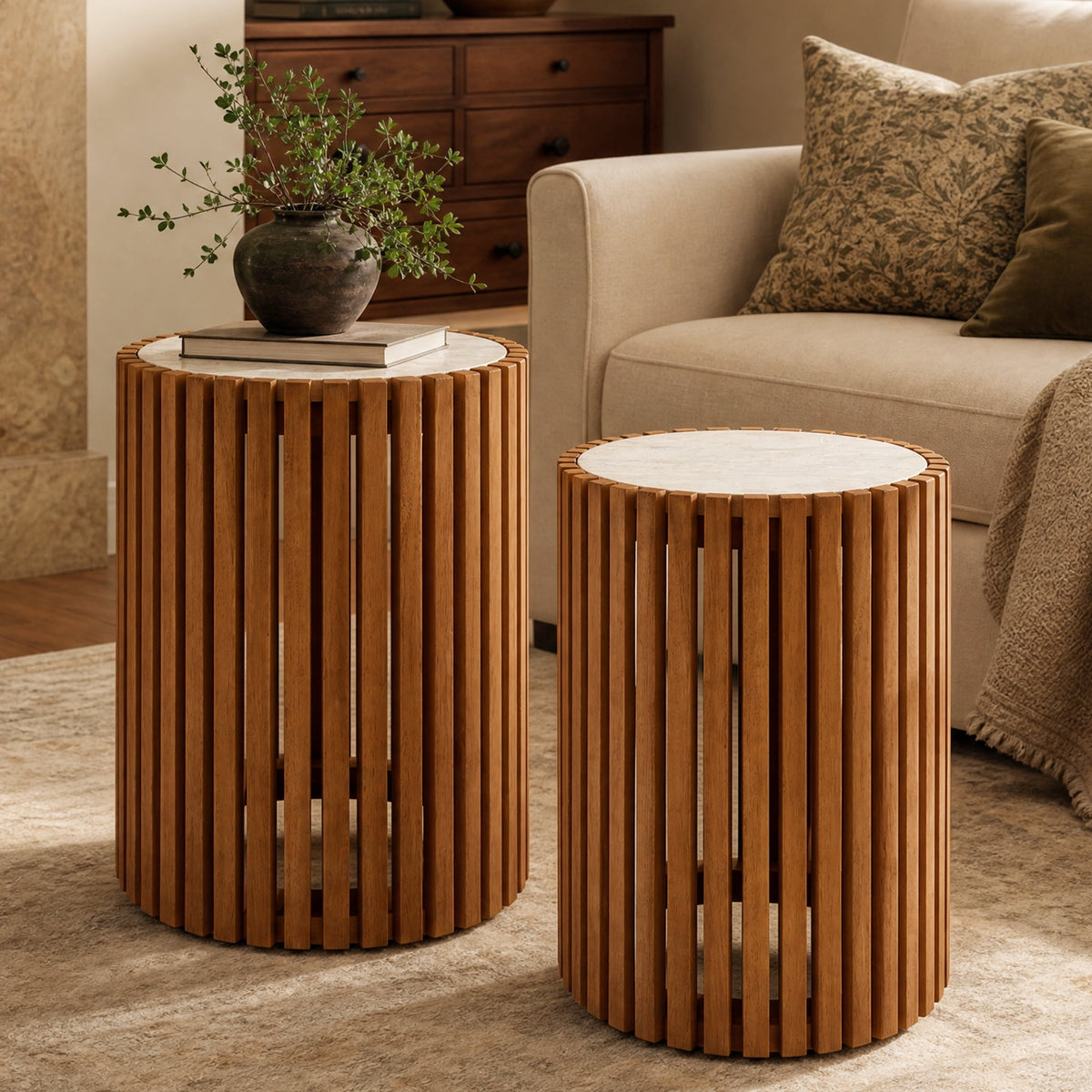 ReNest Outdoor Acacia Wood Side Table, Modern Slatted Patio Table with Cement Board Top