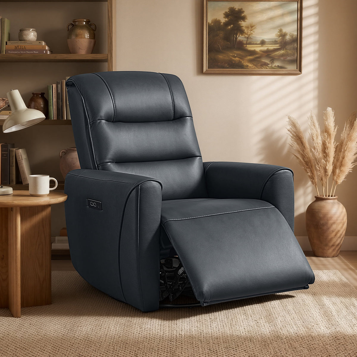 ReNest Swivel Power Recliner Chair, Genuine Leather Recliner with Dual Motors, USB & Type-C Charging Port, Power Headrest, Navy