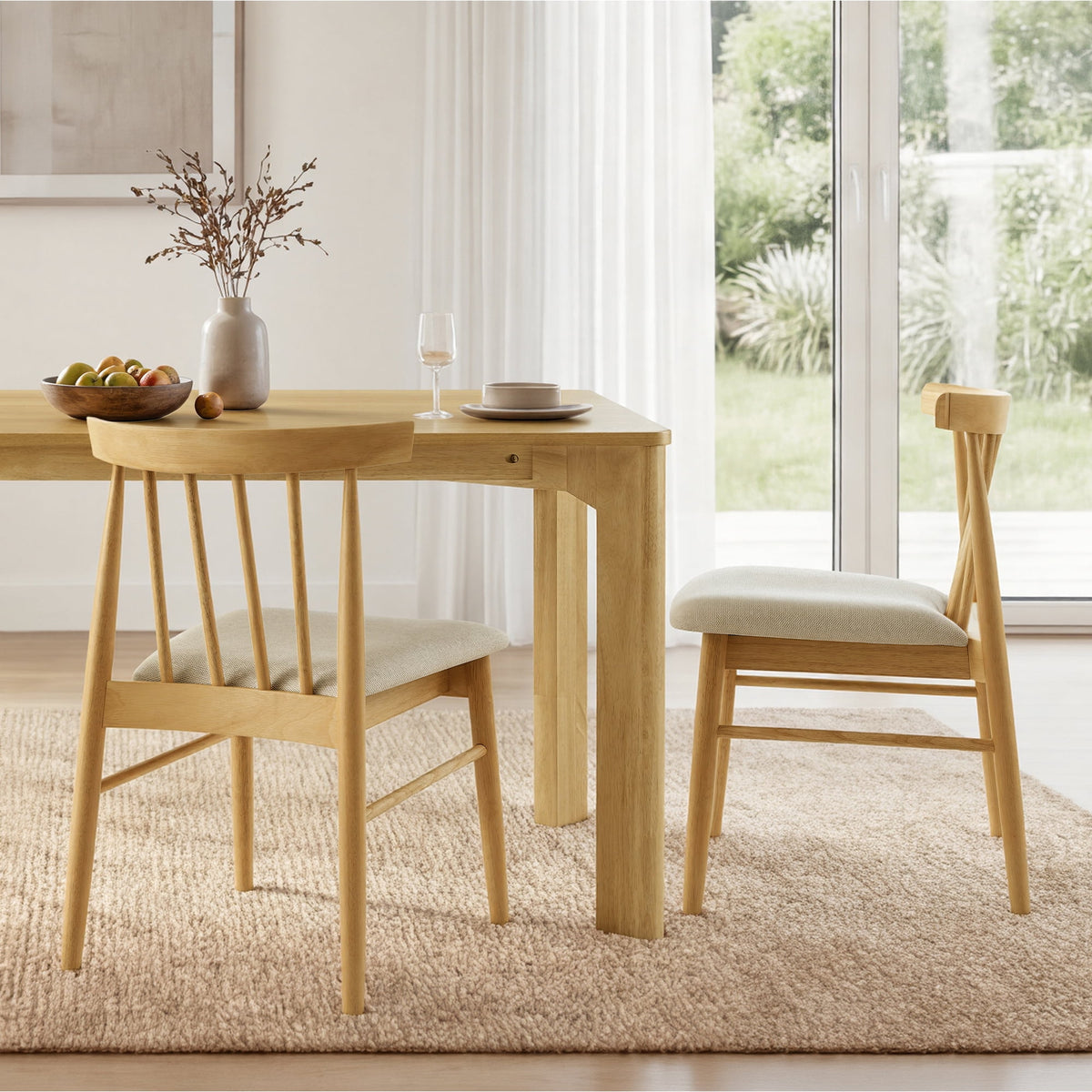 ReNest Windsor Dining Chairs Set of 2, Upholstered Spindle Back, Basketweave Fabric, Oak Wood Frame, Beige