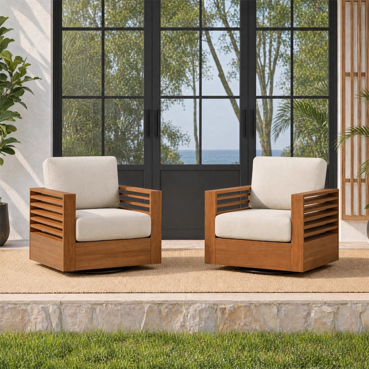 ReNest Acacia Patio Swivel Chair, Outdoor Patio Accent Chair, Dark Brown Wood Frame & Cream Olefin Cushion, Set of 2