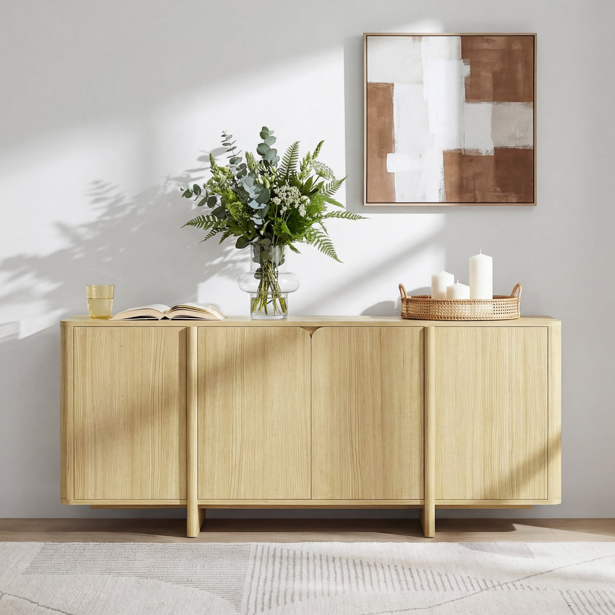 ReNest 66" Buffet Cabinet, Curved Storage Sideboard with 4 Doors, Adjustable Shelves & Cable Management, Oak