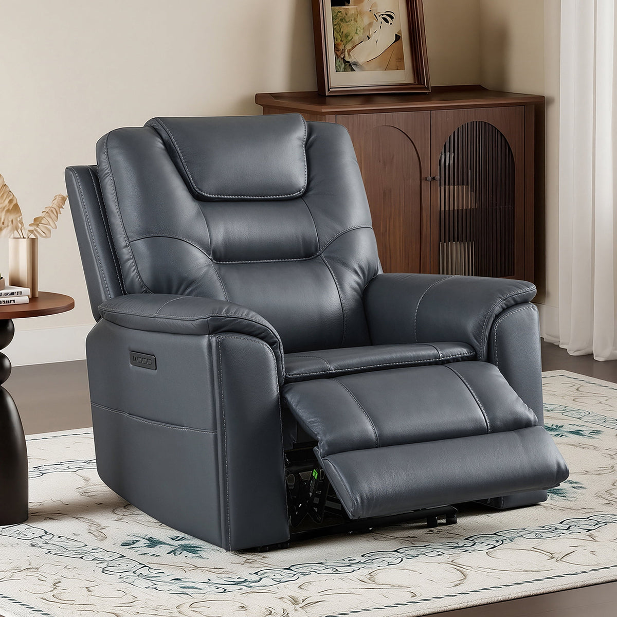 ReNest Zero Gravity Power Recliner, Genuine Top-Grain Leather, Triple Motor, Power Headrest & Lumbar, USB & Type-C, Navy, Single