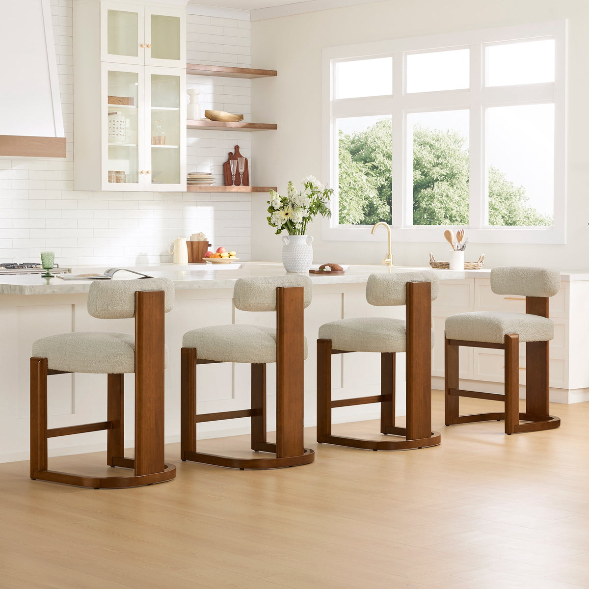 ReNest 27'' Counter Stools Set of 4 with Backrest, Mid-Century Modern Boucle Counter Height Stools, Upholstered Seat & Back, Solid Wood Frame, Walnut & Oatmeal