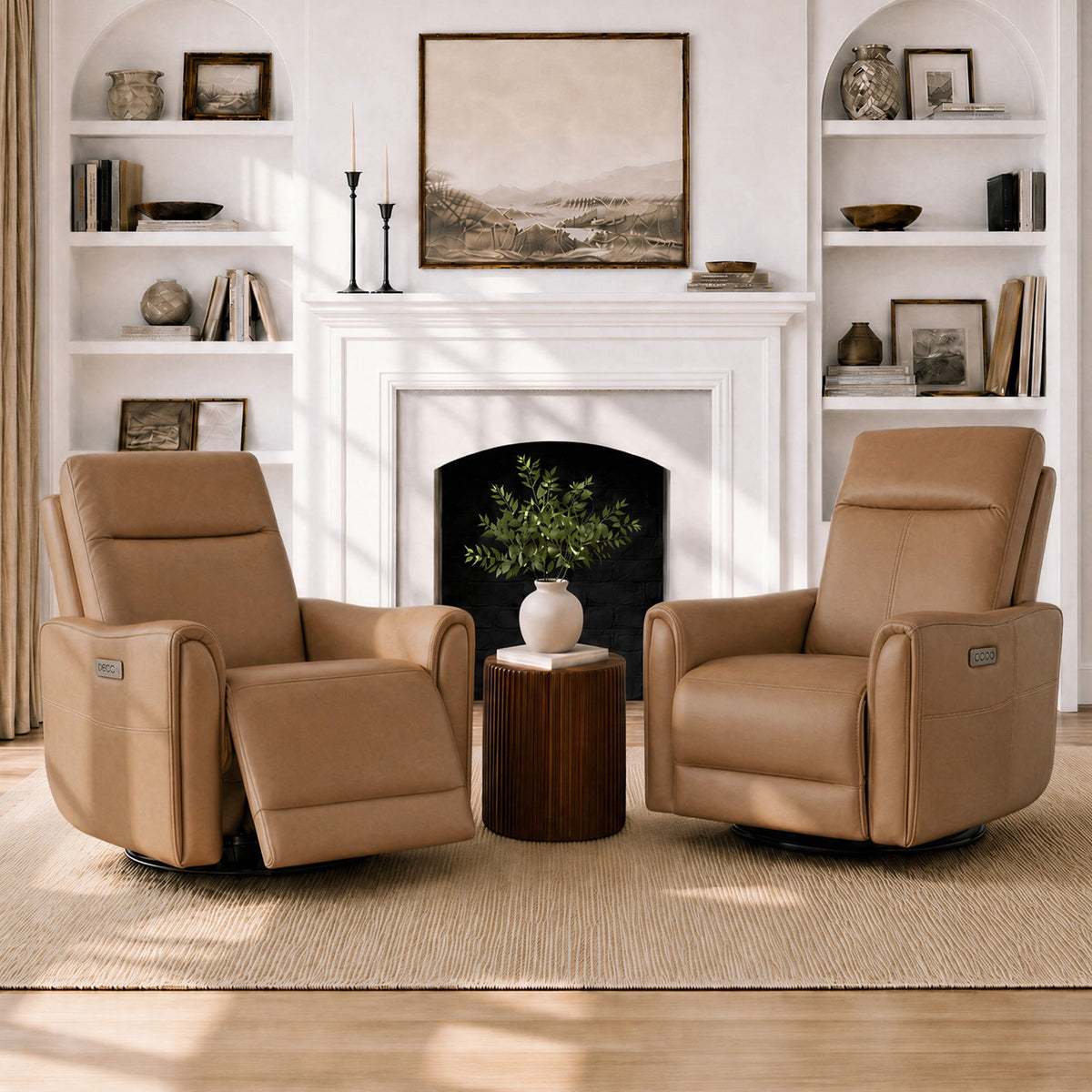ReNest Swivel Power Recliner Chair, Genuine Leather Recliner with Power Headrest, USB & Type-C Charging Ports, Memory Foam Seat, Saddle