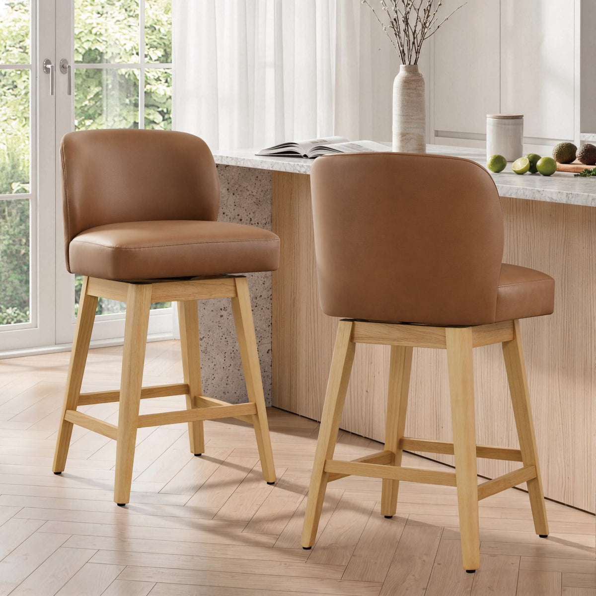 ReNest 26" Swivel Counter Height Bar Stools, Modern Upholstered Counter Stools with Back and Wood Legs for Kitchen Island & Home Bar, Saddle Brown Faux Leather, Set of 2