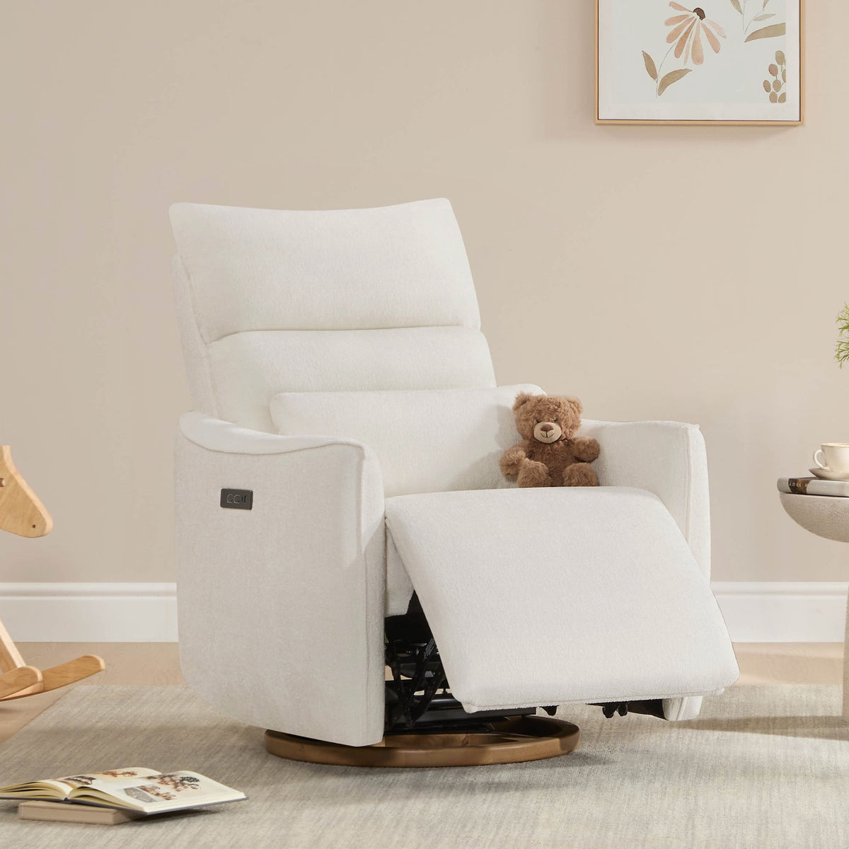 ReNest Swivel Power Recliner Chair, Nursery Glider Recliner with Power Headrest, USB & Type-C Charging Ports, Removable Lumbar Pillow, Cream Fabric, Single