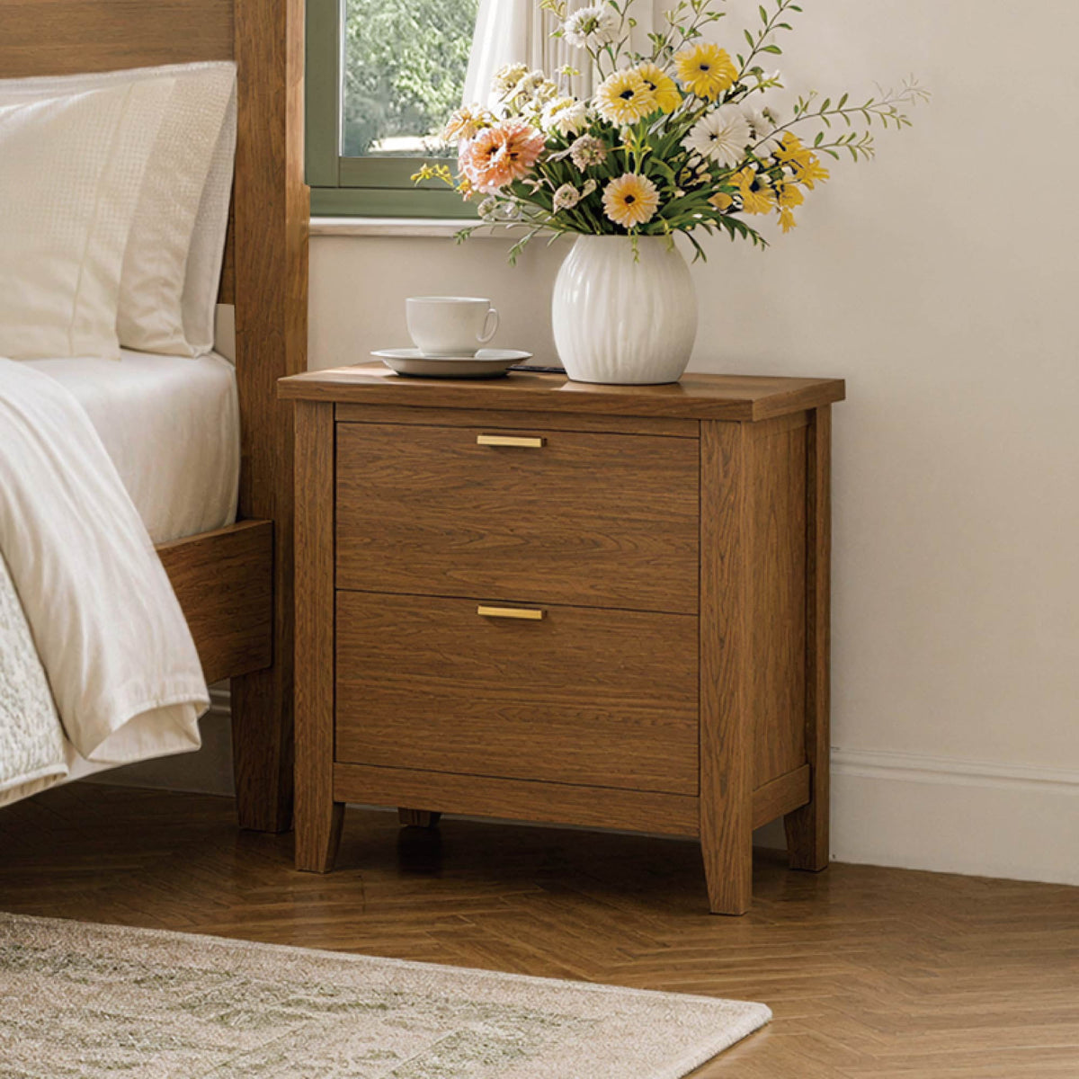 ReNest Wood Grain Nightstand, 2-Drawer Bedside Table with USB & Type-C Charging, Modern Storage Cabinet for Bedroom, Walnut, Single