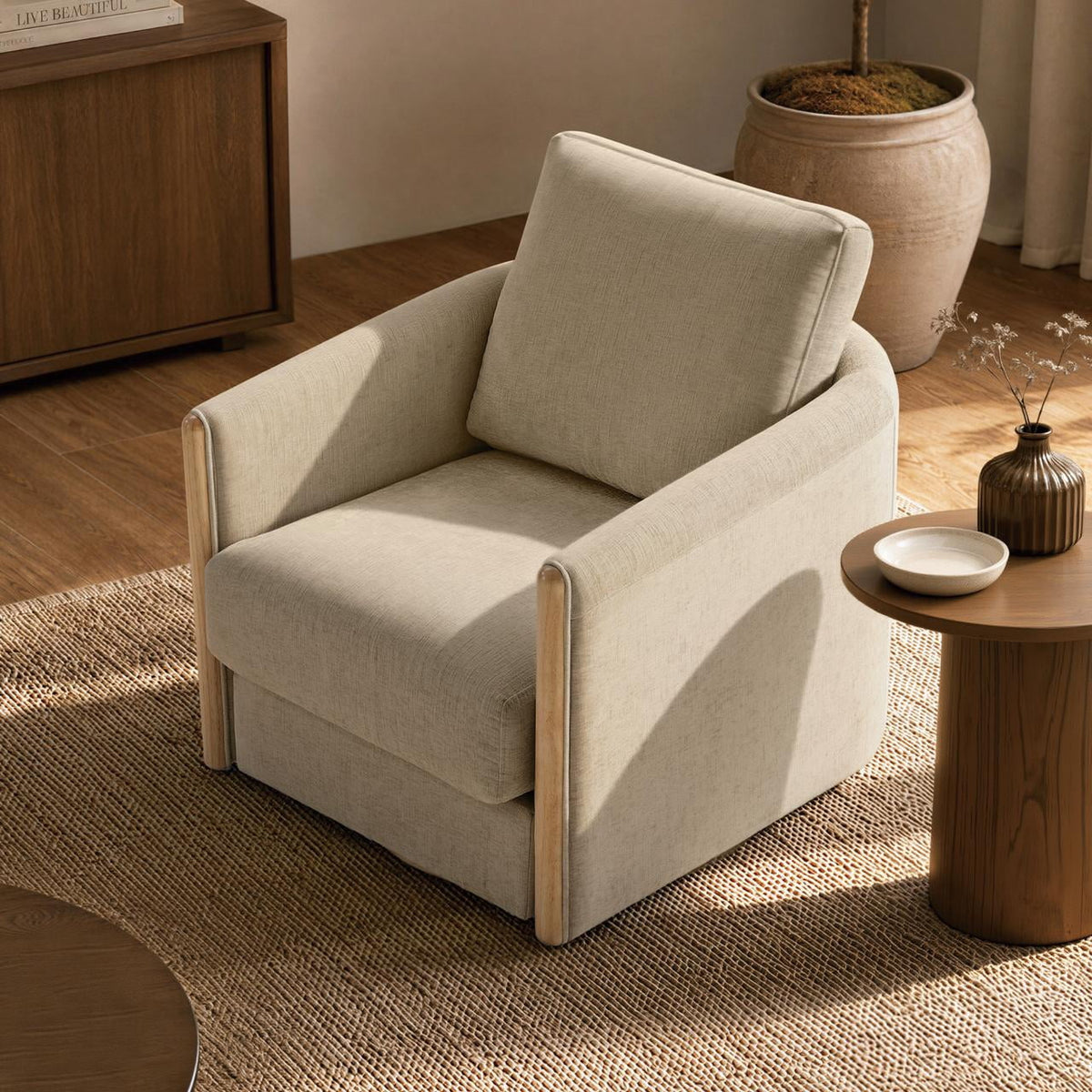 ReNest Modern Swivel Accent Chair, Upholstered Barrel Armchair with Wooden Armrests, Removable Cushions, Living Room & Bedroom Chair, Khaki Fabric, Single