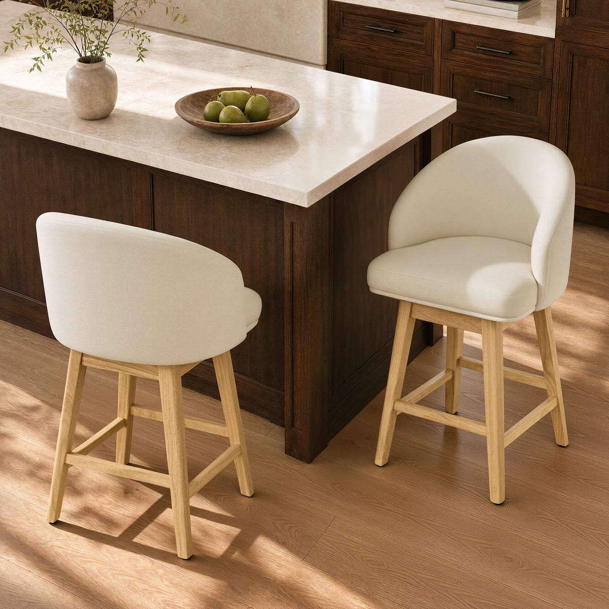ReNest 27" Counter Height Bar Stools, Upholstered Barrel Back Barstools with Solid Wood Legs & Footrest, for Kitchen Island & Home Bar, Cream Fabric, Set of 2