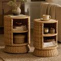 ReNest Outdoor Wicker Side Table, 2-Tier Patio Table with Cement Top, Hand-Woven Rattan, Brown