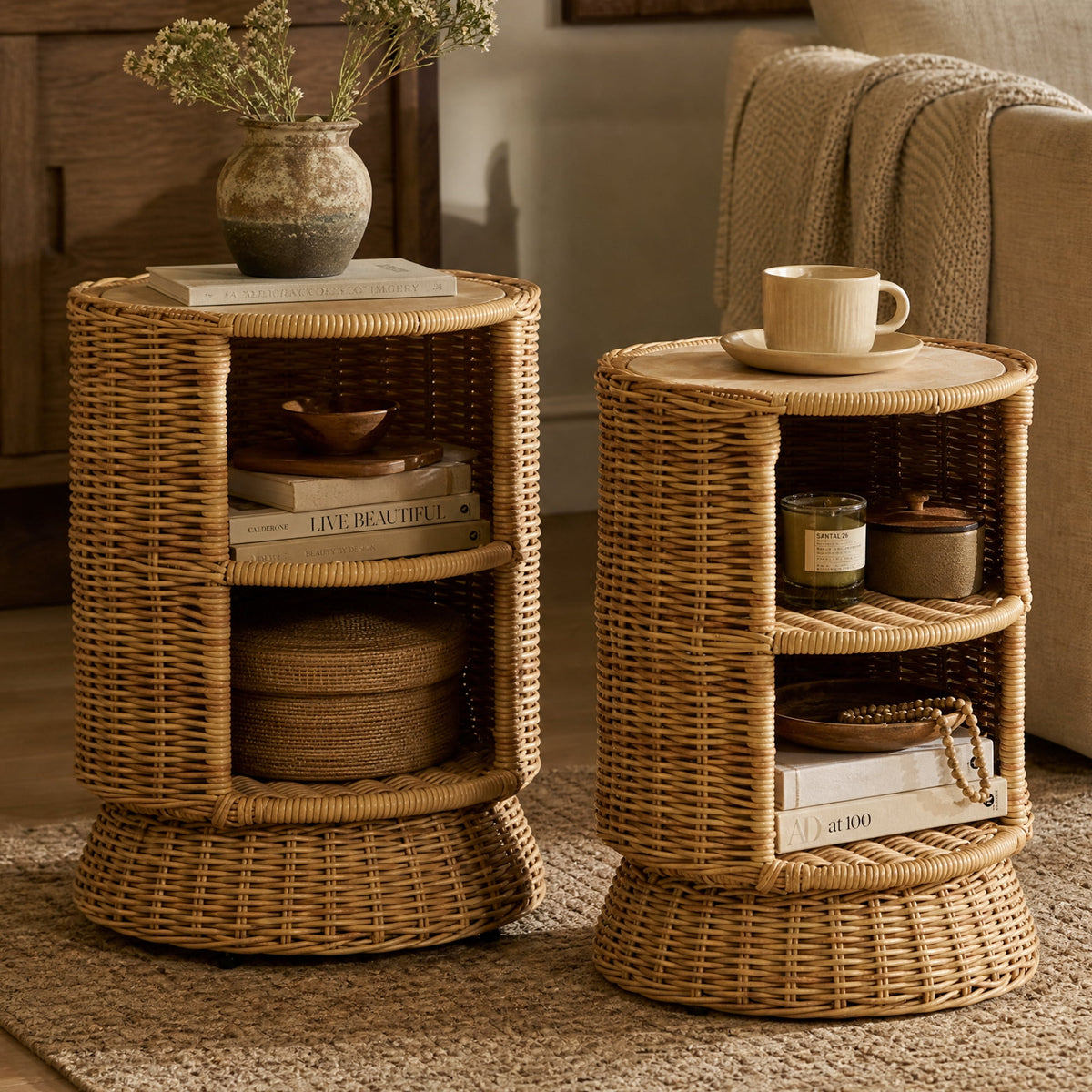 ReNest Outdoor Wicker Side Table, 2-Tier Patio Table with Cement Top, Hand-Woven Rattan, Brown