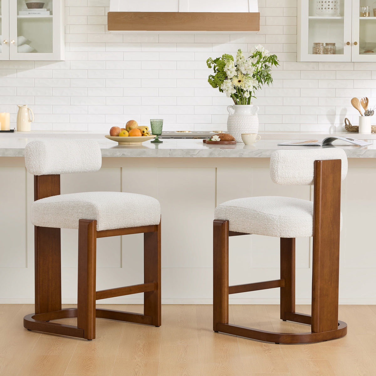 ReNest 27'' Counter Stools Set of 2 with Backrest, Mid-Century Modern Boucle Counter Height Stools, Upholstered Seat & Back, Solid Wood Frame, Walnut & Pearl