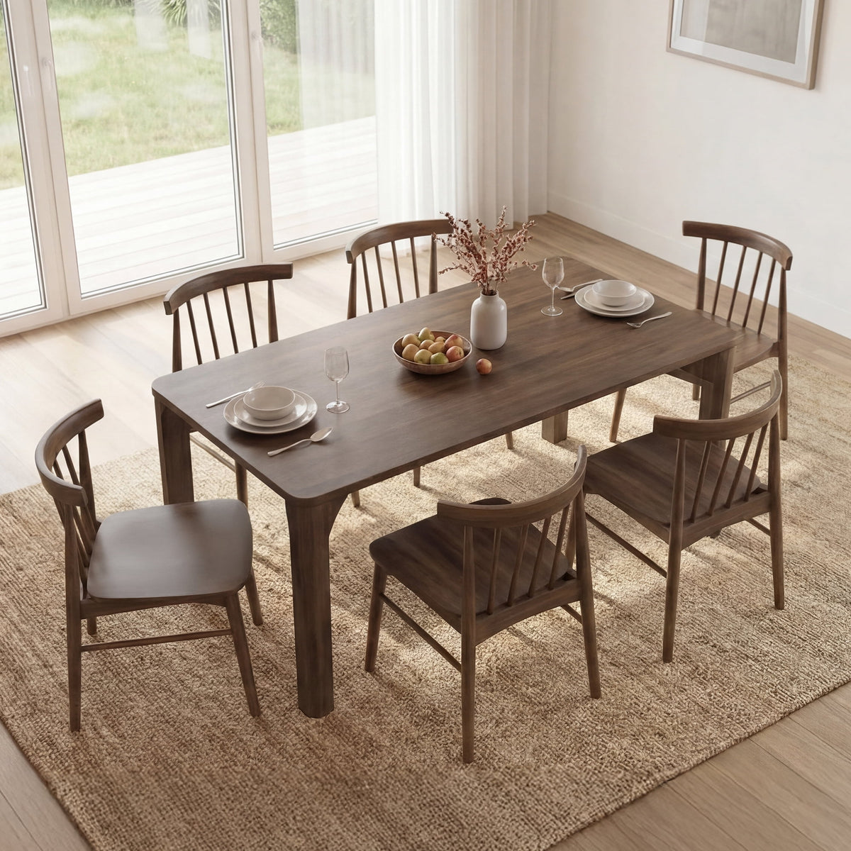 ReNest Windsor Dining Chairs Set of 6, Solid Wood Frame with Plywood Seat, Oak Veneer, Firm Spindle Back, Walnut