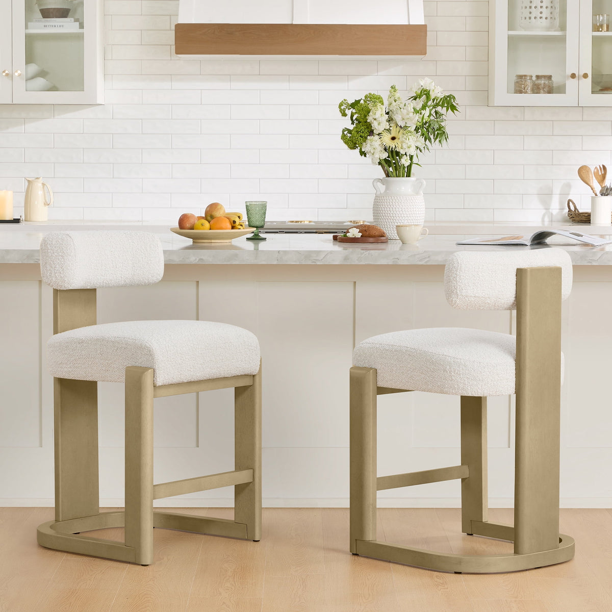 ReNest 27'' Counter Stools Set of 2 with Backrest, Mid-Century Modern Boucle Counter Height Stools, Upholstered Seat & Back, Solid Wood Frame, Light Grey & Pearl
