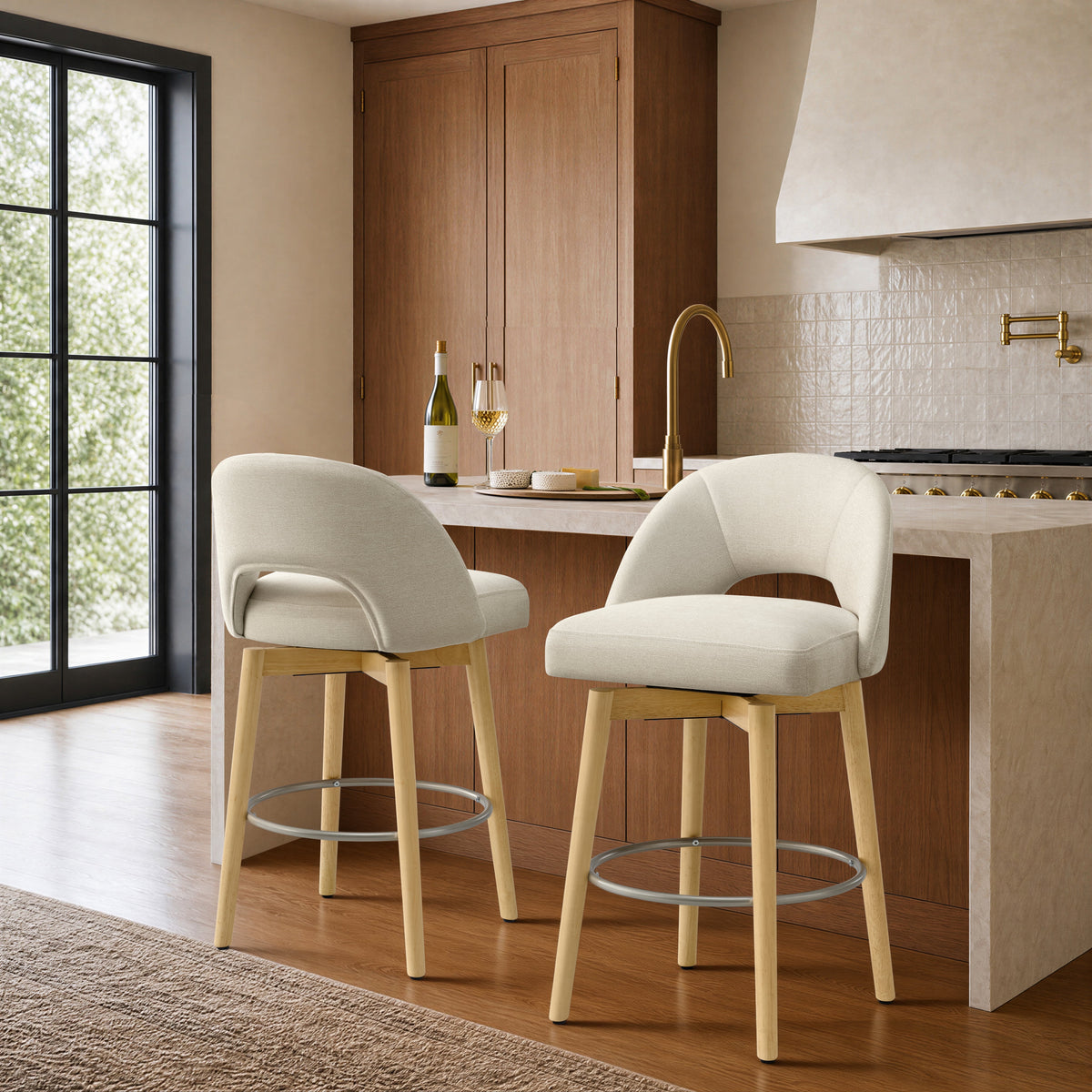 ReNest 27" Swivel Bar Stools, Upholstered Barstools with Wood Legs & Footrest, Counter Height Stools for Kitchen Island & Home Bar, Cream Fabric, Set of 2