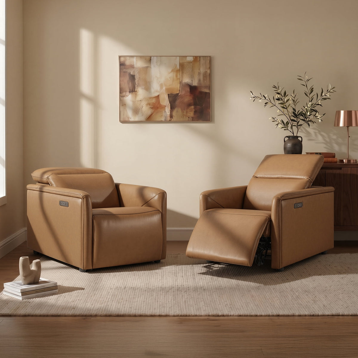 ReNest Top-Grain Leather Power Recliner, Dual Motor, Power Headrest, USB & Type-C Charging, Zero Wall, Saddle