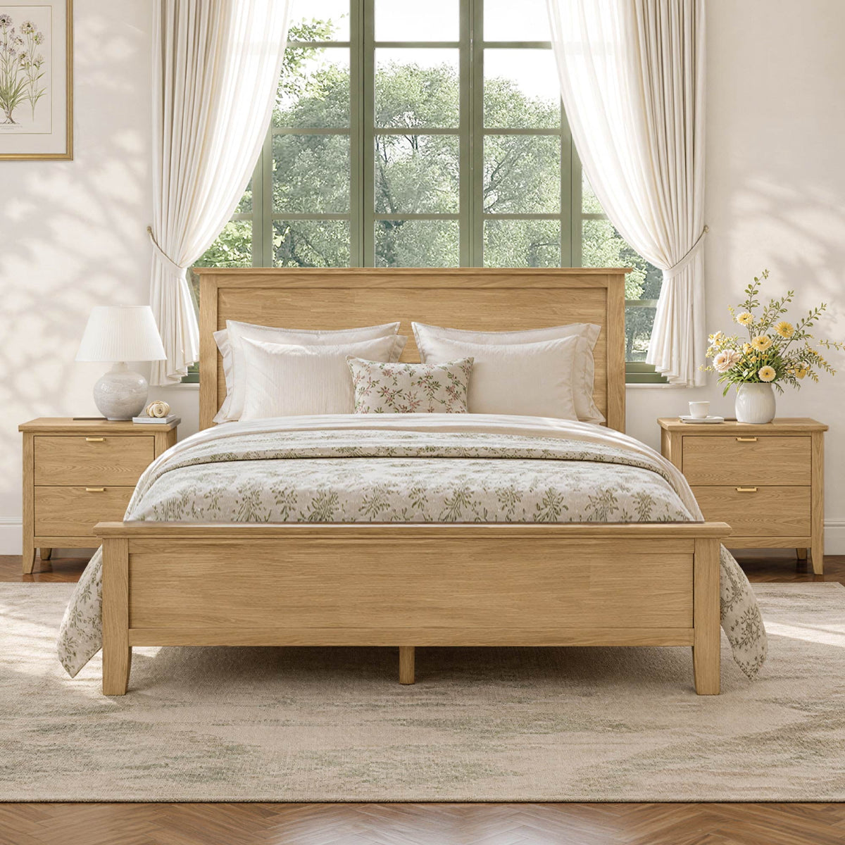 ReNest Modern Farmhouse Bedroom Furniture Set, Queen Size Platform Bed with 2 Nightstands, Natural
