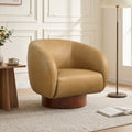 ReNest Mid-Century Modern Barrel Swivel Accent Chair with Wood Base, Genuine Leather Upholstery, Sand, Single